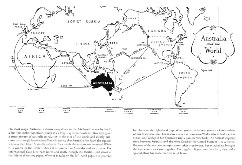 A map showing Australia’s geographic relation to the world with various travel times as it appeared in the 1942 booklet, Instructions for American Servicemen in Australia